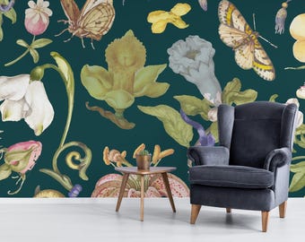 Dark Floral Wallpaper Mural – Vintage Botanical, Peel & Stick