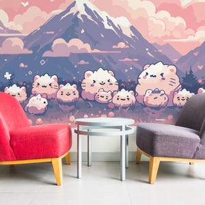 Mural extraíble de animales peludos en las montañas / Mural de papel tapiz de montañas kawaii - Despegar y pegar o sin pegar / Impresión de mural kawaii