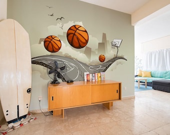 Basketball removable vinyl mural / Peel and stick Basketball pattern wallpaper - Peel & Stick or Non-pasted / Basketball mural print