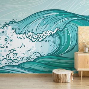 Wave Removable Vinyl Mural / Peel and Stick Ocean Wallpaper / Wave ...