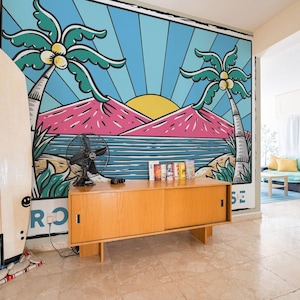 Tropical paradise removable vinyl mural / Peel and stick Palm Leave pattern wallpaper - Peel & Stick or Non-pasted / Palm Leave mural print