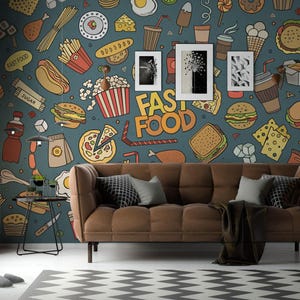 Murale in vinile rimovibile per alimenti / Carta da parati con motivo Peel and stick Fast Food - Stampa murale Peel & Stick o Non incollata / Fast Food