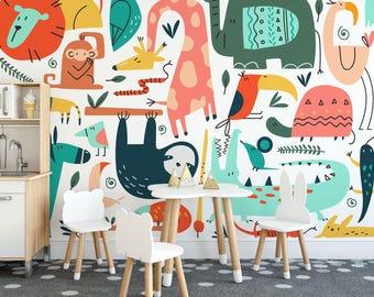 Colorful Animals removable vinyl mural / Peel and stick Playroom Safari wallpaper / Playful Kids mural print - Peel & Stick or Non-Pasted