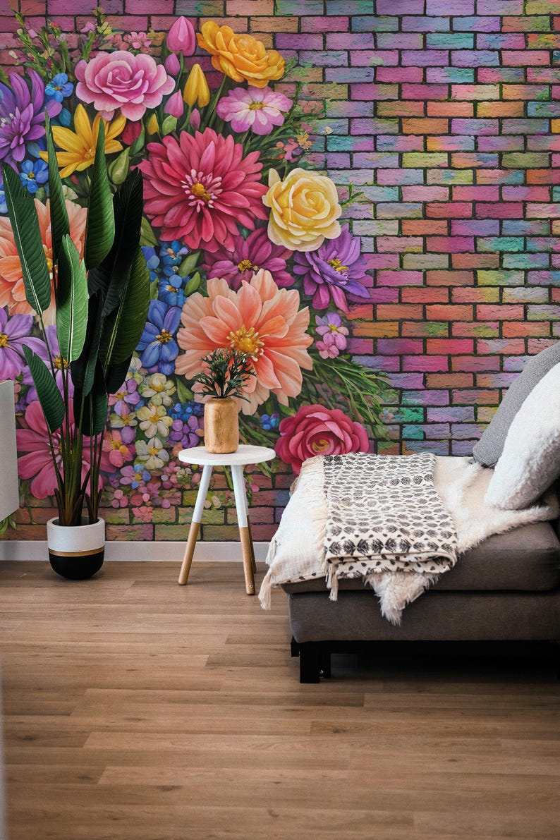Floral Brick Wall Mural – Colorful Peel and Stick Wallpaper - Etsy