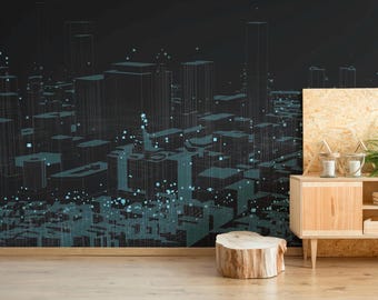 Fototapeta „Futurystyczny pejzaż miejski” – Tech Urban Peel & Stick