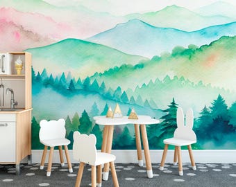 Mural de pared de acuarela de colinas verdes – Papel pintado autoadhesivo con paisaje de bosque brumoso