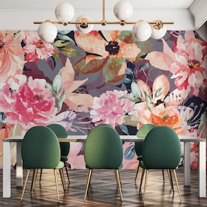 Midnight Bloom Garden wallpaper / Peel & Stick Watercolor Floral wall mural / Bold Botanical print – Removable Self-adhesive or Non-Pasted