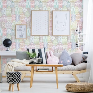 Colorful Houses removable vinyl mural / Peel and stick Little Town pattern wallpaper - Peel & Stick or Non-pasted / Little Town mural print