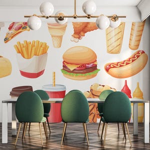 Mural de vinilo removible de comida rápida / Pelar y pegar Papel tapiz con patrón de bocadillos - Peel & Stick o Sin pegar / Impresión mural de bocadillos