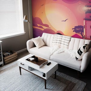 Purple sunset removable vinyl mural / Peel and stick Lighthouse pattern wallpaper - Peel & Stick or Non-pasted / Lighthouse mural print