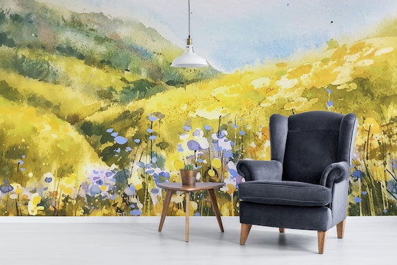 Watercolour scenery removable vinyl mural / Peel and stick Scene pattern wallpaper / Scene mural print - Peel & Stick or Non-Pasted