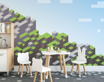 Pixel Art Wallpaper Mural – Removable, Virtual World Landscape