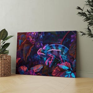 Neon Jungle Chameleon Print / Trippy Colorful Chameleon Canvas Print / Luminous Chameleon and Botanicals Canvas Wall Art