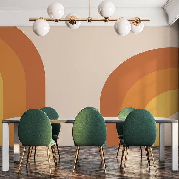 Retro arch removable vinyl mural / Peel and stick orange boho wallpaper / Retro photo mural