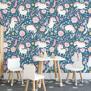 Carta da parati murale in vinile rimovibile con unicorno e fiori / Carta da parati con motivo unicorno staccabile e attaccabile - Staccabile e attaccabile o non incollabile / Stampa murale con unicorno