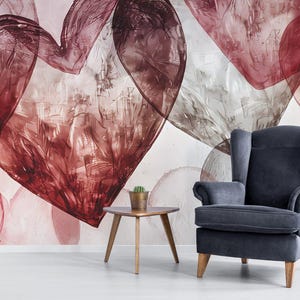 Abstract Hearts removable vinyl mural / Peel and stick Bold Hearts wallpaper mural - Peel & Stick or Non-pasted / Romantic mural print