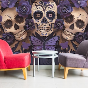 Murale in vinile rimovibile Dia De Muerto / Carta da parati con motivo di Halloween da staccare e attaccare / Stampa murale Dia De Muerto - Stacca e attacca o non incollata