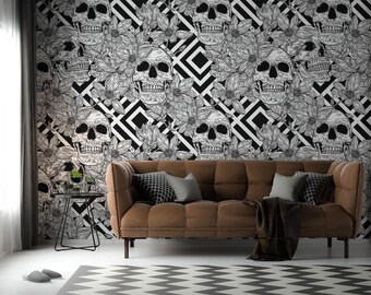 Gothic Bloom Skull Wallpaper - Peel & Stick Floral Wall Mural