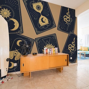 Murale in vinile rimovibile con carta dei Tarocchi / Carta da parati con motivo astrologico stacca e incolla - Stampa murale stacca e incolla o non incollata / Astrologia