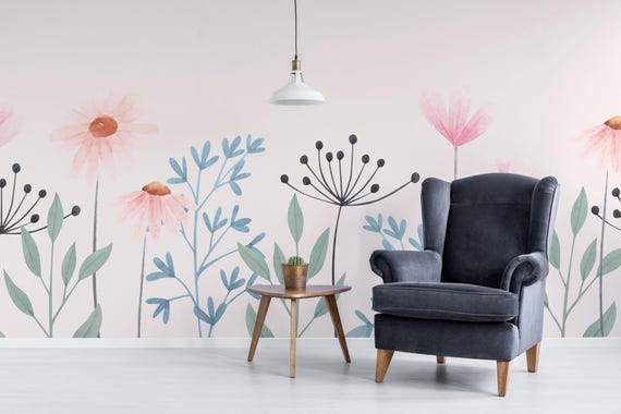 Large Floral Wall Mural – Pastel Flowers, Peel and Stick or Non-Pasted