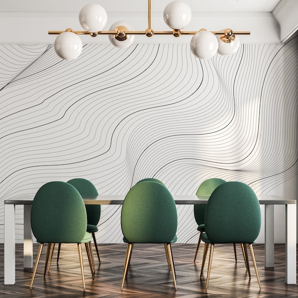 Abstract contour line removable vinyl mural / Peel and stick lines wallpaper / Illusion photo mural