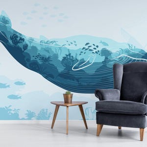 Wal entfernbares Vinyl Wandbild / Schälen und Kleben Blauwal Muster Tapete / Blauwal Wandbild Druck - Schälen und Kleben oder Nicht-Kleben