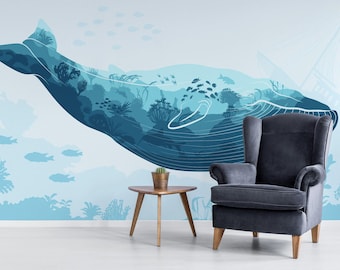 Blue Whale Mural – Peel and Stick Wallpaper, Ocean Nursery Decor