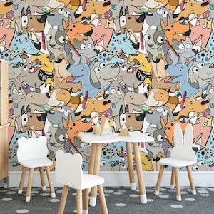 Funny Dogs wallpaper / Cartoon Animals wall mural / Playful Pets mural print – Removable Self-adhesive or Non-Pasted