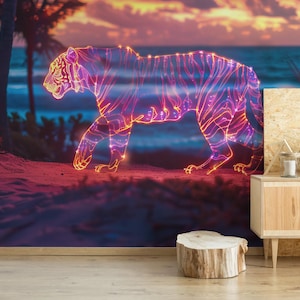 Hologram Tiger removable vinyl mural / Peel and stick Sunset Beach wallpaper mural / Neon Lights mural print - Peel & Stick or Non-Pasted