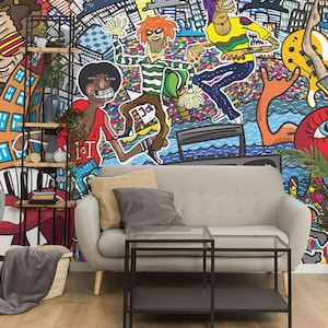 Funky graffiti removable vinyl mural / Peel and stick Street Art pattern wallpaper - Peel & Stick or Non-pasted / Street Art mural print
