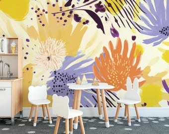 Abstract Purple and Yellow Florals Wall Mural, Bold Accent Wall Decor | Removable or Traditional Wallpaper Mural