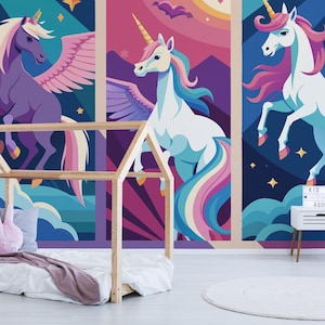 Unicorns removable vinyl mural / Colorful Unicorn Collage wallpaper - Peel & Stick or Non-pasted / Dreamy Kids mural print