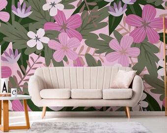 Pink Florals Peel and Stick Wall Mural / Bohemian & Eclectic wallpaper print - Removable Self-adhesive or Non-Pasted