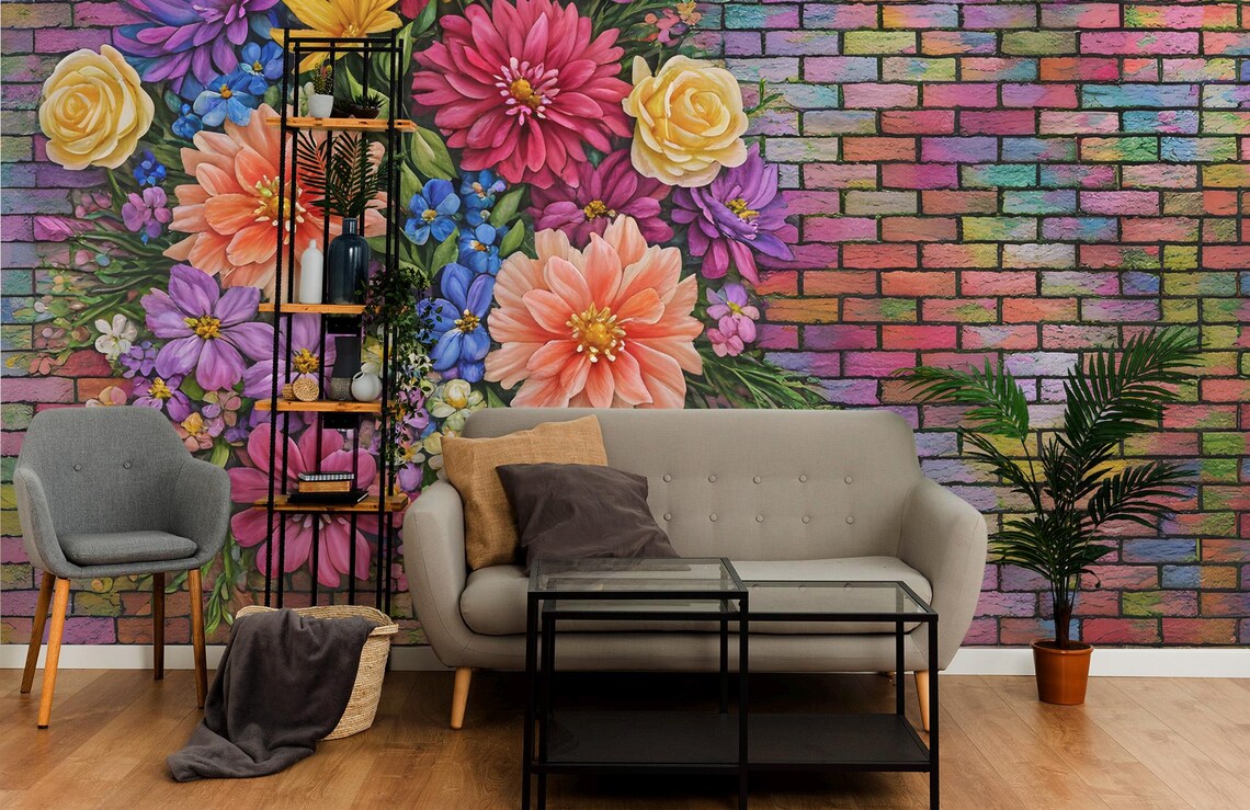 Floral Brick Wall Mural – Colorful Peel and Stick Wallpaper - Etsy