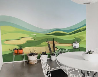 Golf removable vinyl mural / Peel and stick golf course wallpaper / Golf photo mural