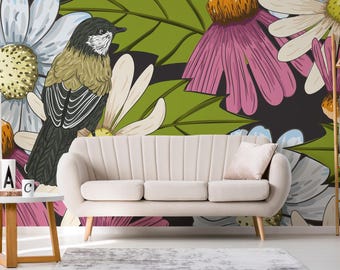 Dark Floral Bird Mural – Bold Botanical Peel and Stick Wallpaper