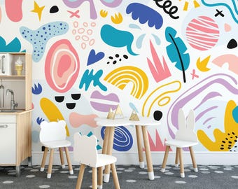 Abstract colorful shapes removable vinyl mural / Peel and stick Shape pattern wallpaper / Shape mural print - Peel & Stick or Non-Pasted
