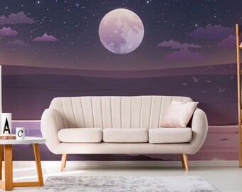 Moonlit Seascape Peel and Stick Mural / Full Moon wallpaper / Purple Coastal & Tropical print - Removable Self-adhesive or Non-Pasted