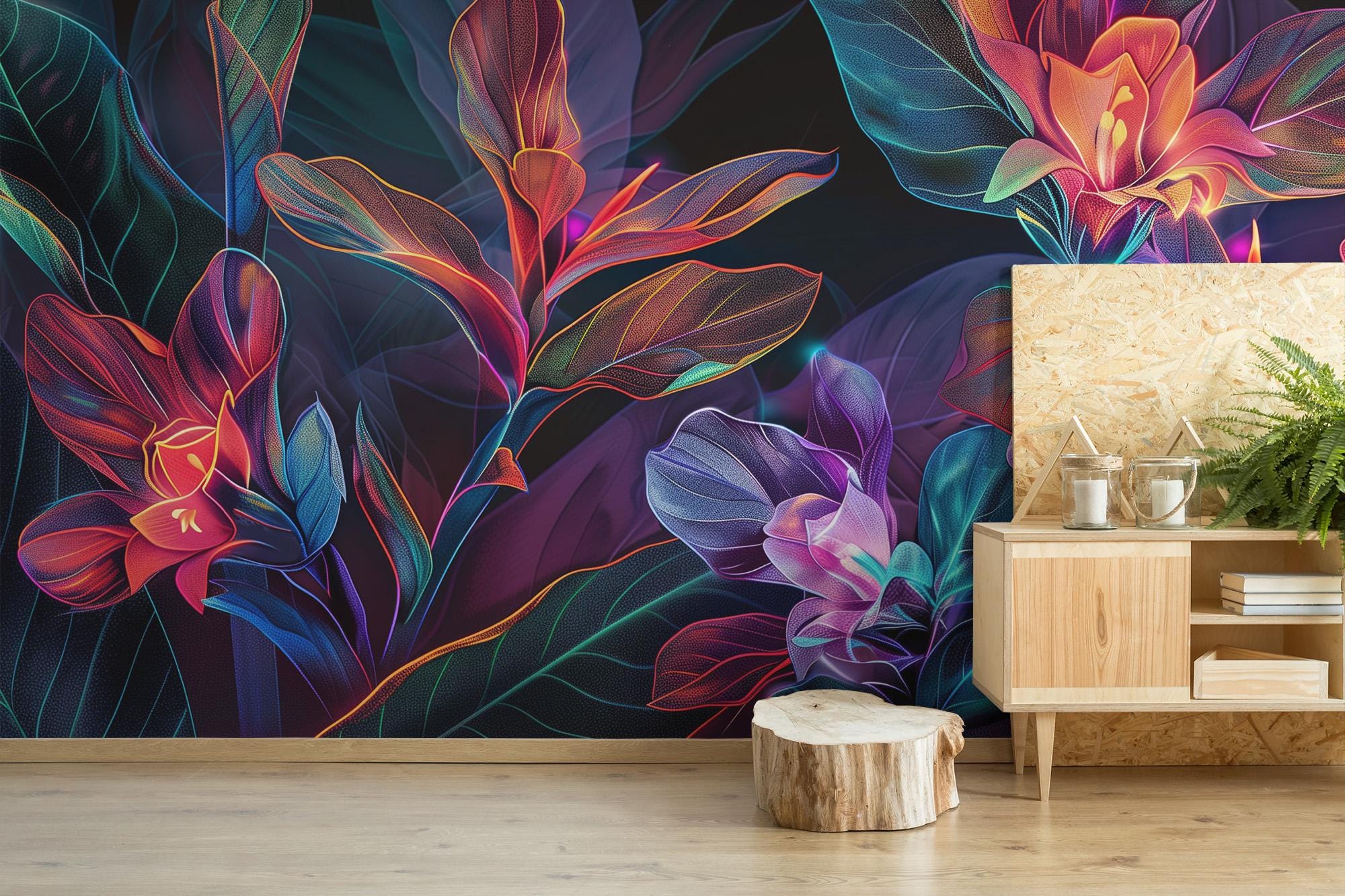 Neon Flowers Wallpaper Mural - Dark Tropical Peel and Stick - Etsy