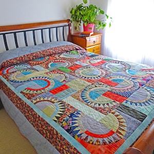 Hand-Quilted Queen-Sized Quilt, Japan Inspired, Sashiko Stitching