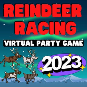 Könnte beinhalten: Eine farbenfrohe Illustration eines virtuellen Partyspiels namens "Reindeer Racing 2023". Das Bild zeigt vier Cartoon-Rentiere, die über eine schneebedeckte Landschaft mit einem lila und gelben Hintergrund laufen.
