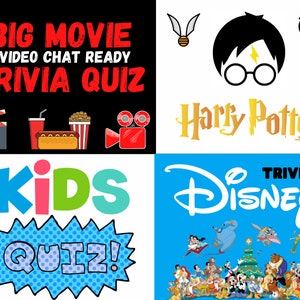 May include: A collage of four colorful squares with text and images. The top left square is black with red text that reads "BIG MOVIE VIDEO CHAT READY TRIVIA QUIZ". The top right square is white with a yellow lightning bolt, a black silhouette of Harry Potter wearing glasses, and the text "Harry Potter". The bottom left square is white with a blue, pink, green, and light blue text that reads "KIDS QUIZ!" in a comic book style font. The bottom right square is blue with white text that reads "TRIVIA DISNEY" and a collection of Disney characters.