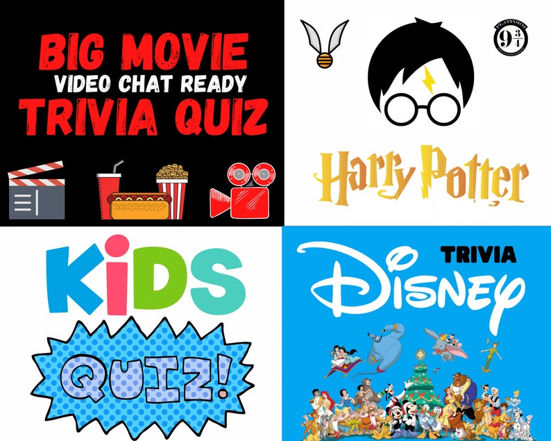 May include: A collage of four colorful squares with text and images. The top left square is black with red text that reads "BIG MOVIE VIDEO CHAT READY TRIVIA QUIZ". The top right square is white with a yellow lightning bolt, a black silhouette of Harry Potter wearing glasses, and the text "Harry Potter". The bottom left square is white with a blue, pink, green, and light blue text that reads "KIDS QUIZ!" in a comic book style font. The bottom right square is blue with white text that reads "TRIVIA DISNEY" and a collection of Disney characters.