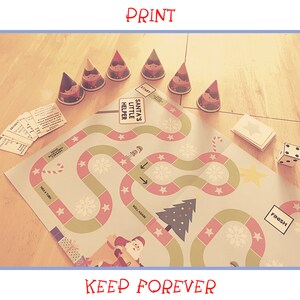 May include: A printable Christmas-themed board game with a green and red path, a Christmas tree, and a Santa Claus illustration. The game includes a die, game cards, and elf hats.