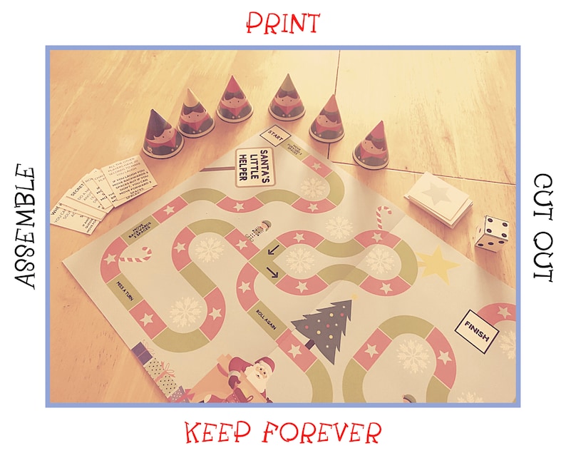 May include: A printable Christmas-themed board game with a green and red path, a Christmas tree, and a Santa Claus illustration. The game includes a die, game cards, and elf hats.