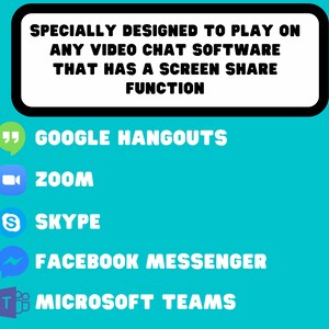 May include: A list of popular video chat software platforms, including Google Hangouts, Zoom, Skype, Facebook Messenger, and Microsoft Teams. The text states that the software is specially designed to play on any video chat software that has a screen share function.