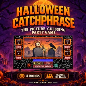 May include: A digital Halloween Catchphrase party game displayed on a screen, featuring a graveyard scene with a skeleton hand, an alarm clock, and a crow. The interface includes score boxes for Bats, Boos, Hex, and Fangs, plus play buttons.