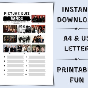 Printable Pub Quiz - Bands | Pub Quiz Picture Round | Bands Trivia Quiz | General Knowledge Trivia | Questions | Answers