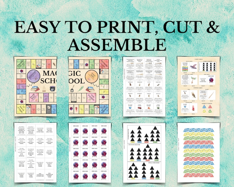 May include: Printable game board and cards for a magic school themed board game. The game board is colorful and features illustrations of books, wands, and a cauldron. The cards are black and white and feature various illustrations.