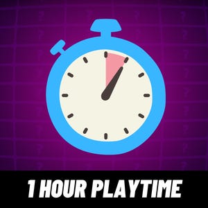 Może przedstawiać: Niebieski stoper z r&oacute;żowym fragmentem na tarczy, pokazujący godzinę czasu gry. Tekst "1 HOUR PLAYTIME" znajduje się pod stoperem.